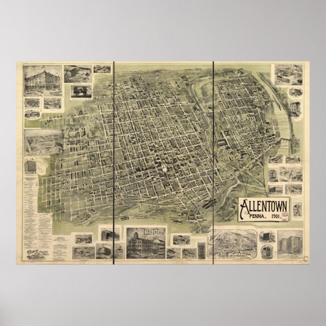 1901 Allentown, PA Birds Eye View Panoramic Map Poster (Front)