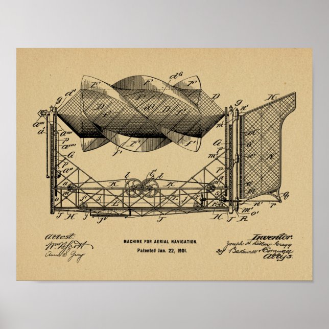 1901 Flying Machine Aeroplane Patent Art Drawing Poster (Front)