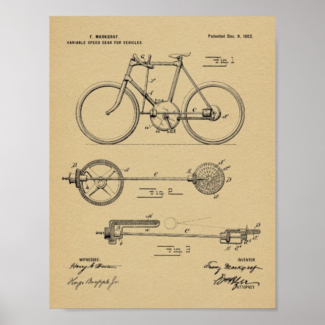 1902 Bicycle Gear Patent Art Drawing Print (Front)