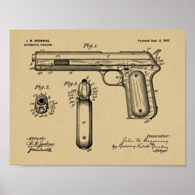 1902 Browning Gun Patent Art Drawing Print (Front)