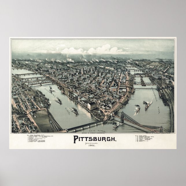 1902 HAND DRAWN MAP of PITTSBURGH Poster (Front)