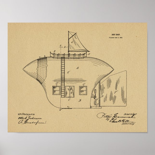 1902 Odd Airship Aeroplane Patent Art Drawing Poster (Front)