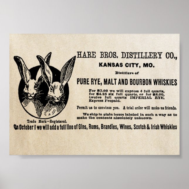 1902 Vintage Hare Bros. Distillery Co. Ad Poster (Front)