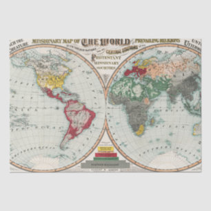 1902 Vintage World Missionary Religions Map Tissue Paper