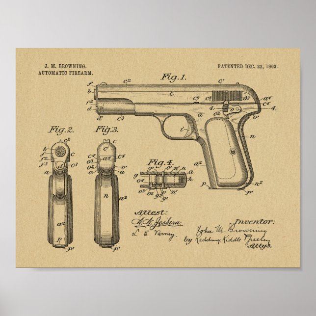 1903 Browning Gun Patent Art Drawing Print (Front)
