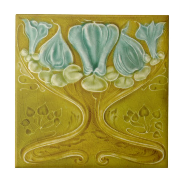 1905 Art Nouveau Gold Aqua Repro Faux Relief Ceramic Tile (Front)