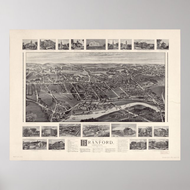 1905 Branford, CT Birds Eye View Panoramic Map Poster (Front)