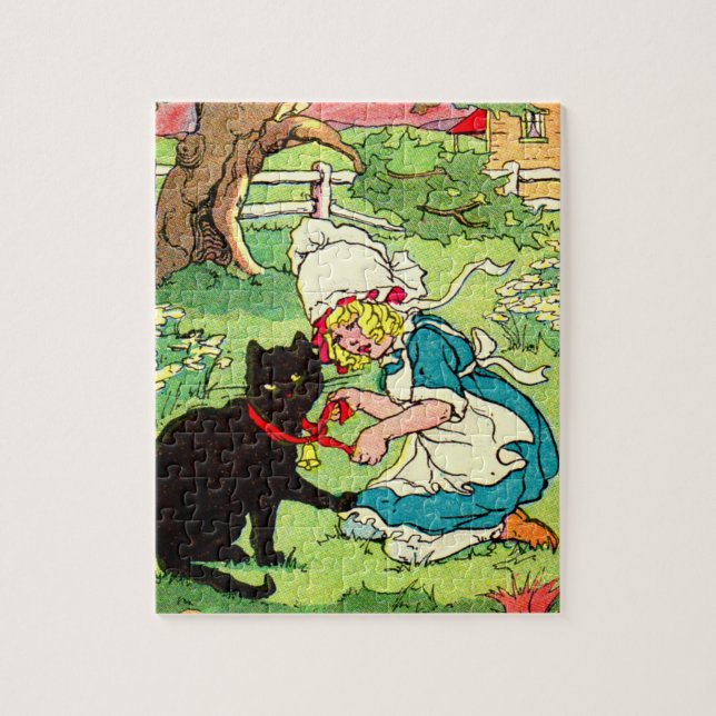 1905 little girl puts bow on her black cat jigsaw puzzle (Vertical)