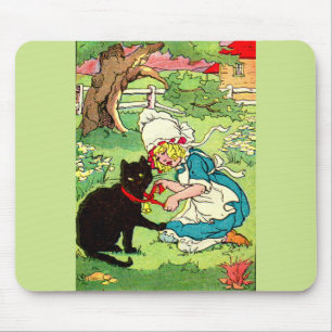 1905 little girl puts bow on her black cat mouse pad