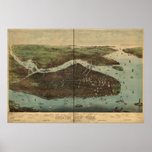 1905 New York City NY Birds Eye View Panoramic Map Poster