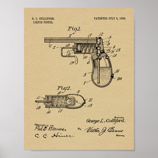 1906 Water Gun Patent Art Drawing Print (Front)