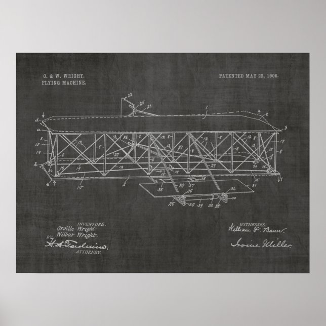 1906 Wright Brothers Aeroplane Patent Art Drawing Poster (Front)