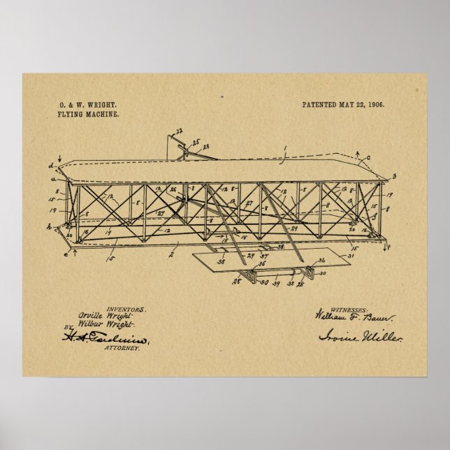 1906 Wright Brothers Aeroplane Patent Drawing Poster (Front)