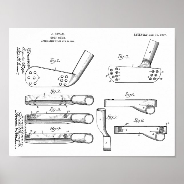 1907 Golf Club Head Patent Art Drawing Print (Front)