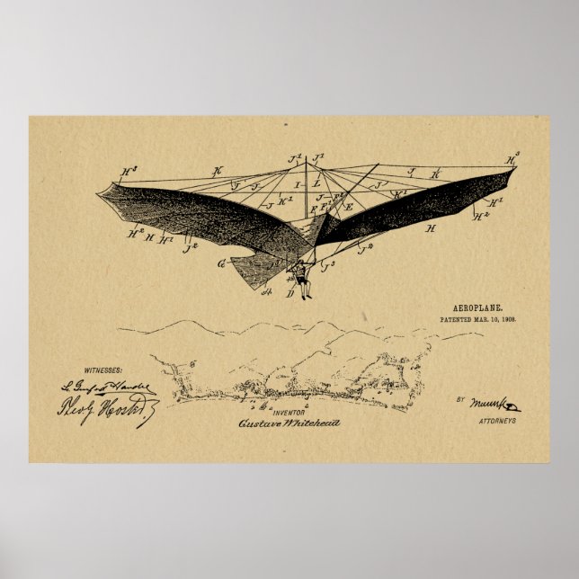 1908 Flying Wing Patent Drawing Art Print (Front)