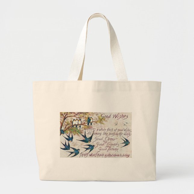 1908 Good Wishes Blue Birds Large Tote Bag (Front)