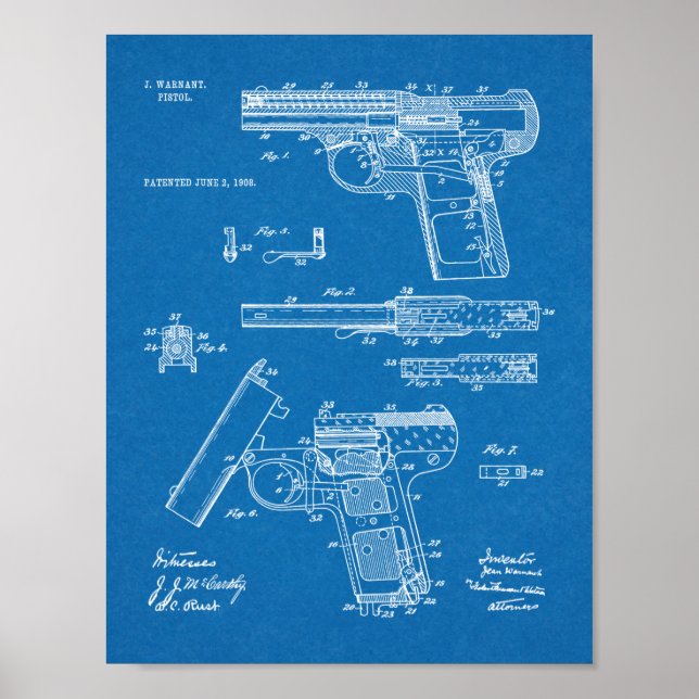 1908 Gun Warnant Patent Art Drawing Print (Front)