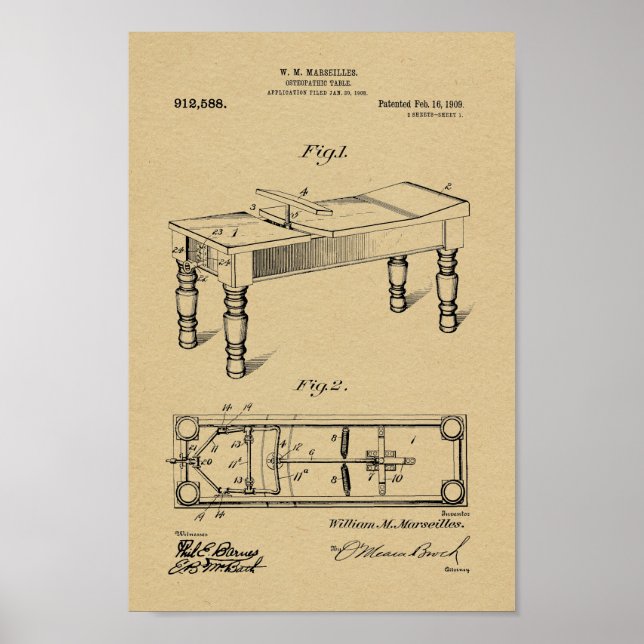 1909 Vintage Osteopathic Table Patent Art Print (Front)