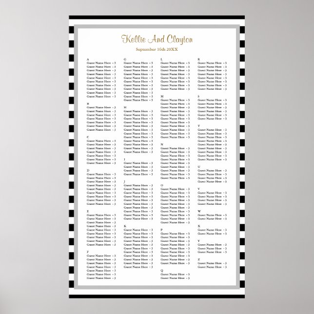 190 Black/White Stripes Wedding Seating Chart (Front)