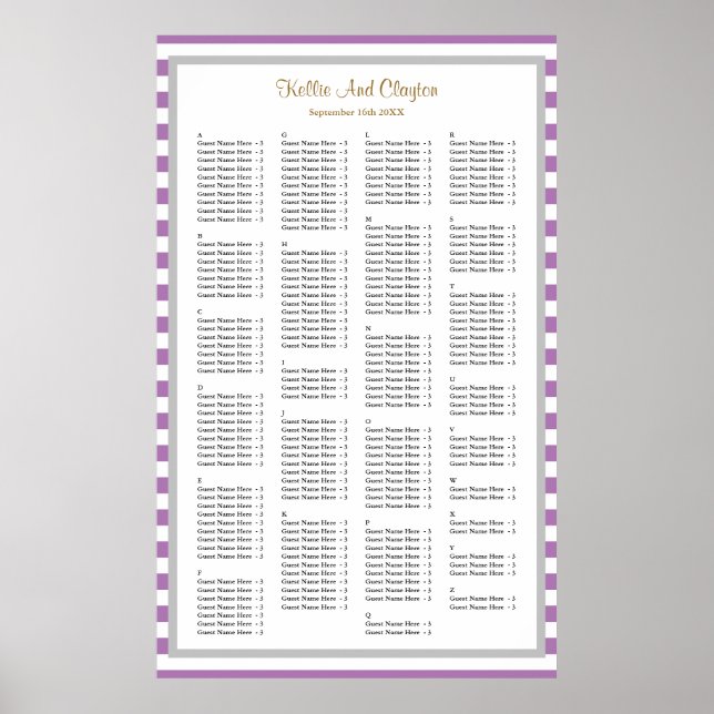190 Purple/White Stripes Wedding Seating Chart (Front)