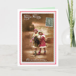 1910 French Happy new Year by 2 cute little girls Holiday Card