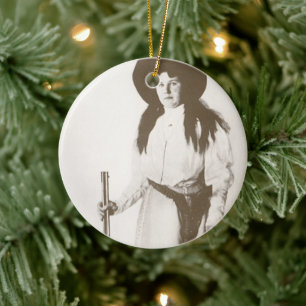 1910 Photo Portrait of a Cowgirl Holding a Rifle Ceramic Tree Decoration