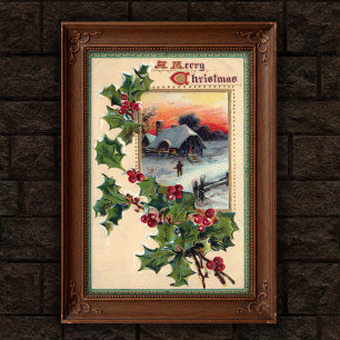 1910 Vintage Christmas Holly Poster Art