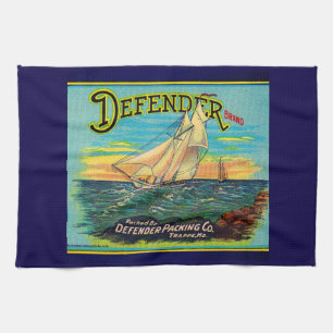 1910s Defender brand packing sailboat label print Tea Towel