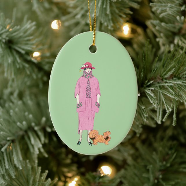 1910s Fashion Illustration Lady & Pekingese Dog Ceramic Ornament (Tree)