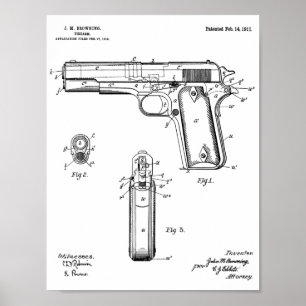 1911 Colt Browning Gun Patent Art Drawing Print