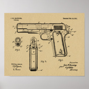 1911 Colt Browning Gun Patent Art Drawing Print