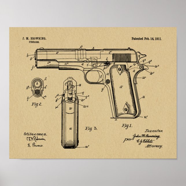 1911 Colt Browning Gun Patent Art Drawing Print (Front)