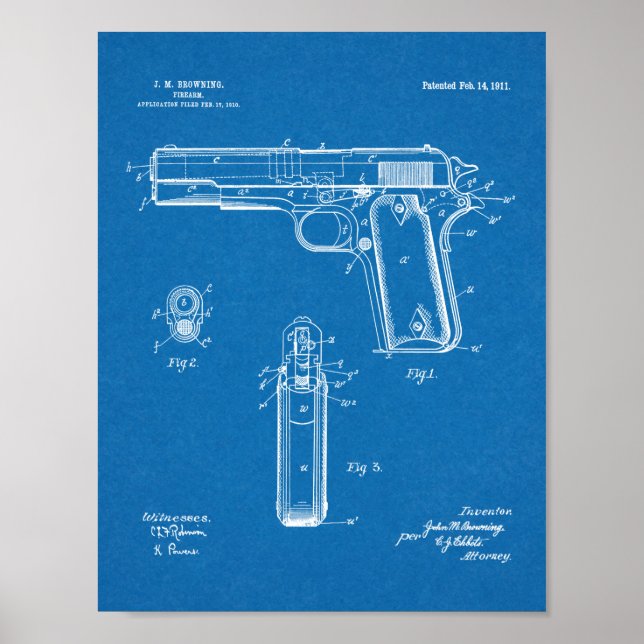 1911 Colt Browning Gun Patent Art Drawing Print (Front)