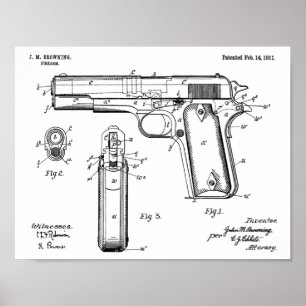 1911 Colt Browning Gun Patent Art Drawing Print