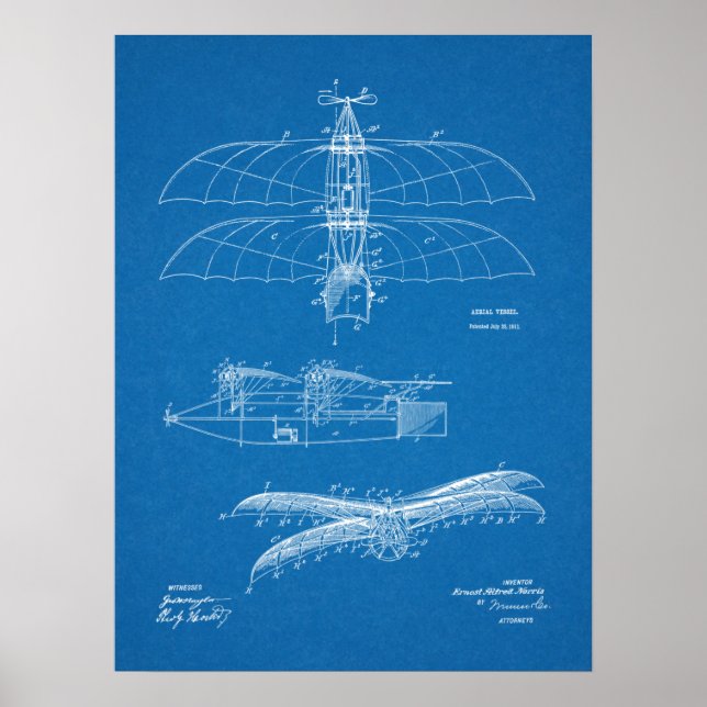 1911 Vintage Aeroplane Patent Art Drawing Print (Front)