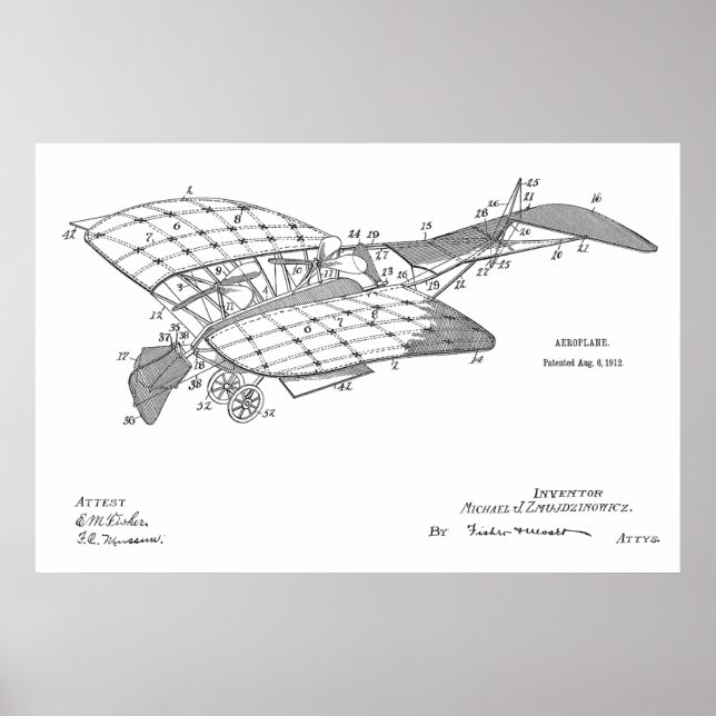 1912 Aeroplane Aeroplane Patent Art Drawing Print (Front)