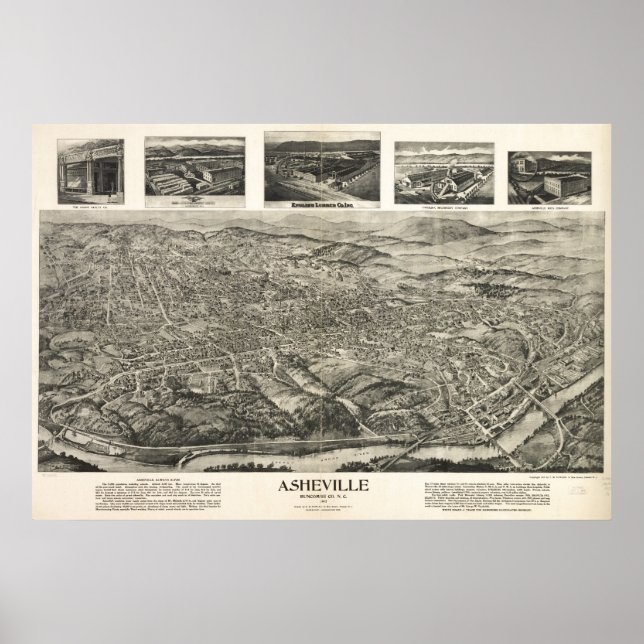1912 Asheville, NC Birds Eye View Panoramic Map Poster (Front)