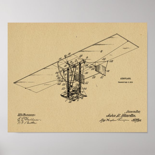 1912 Flying Machine Aeroplane Patent Art Drawing Poster (Front)