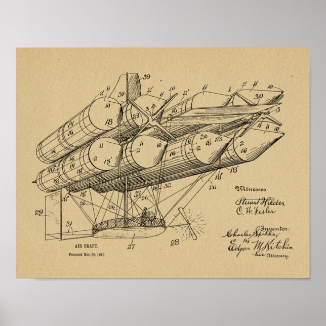 1912 Old Airship Aeroplane Patent Art Drawing Poster (Front)