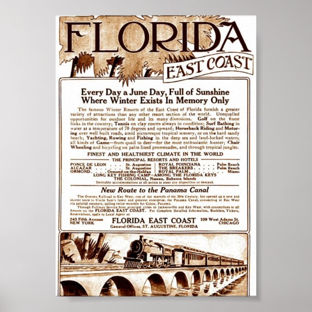 1913 Florida East Coast Railway Advert Poster (Front)