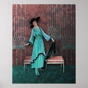 1913 Luxe: Vintage Fashion in Aqua and Rose Poster