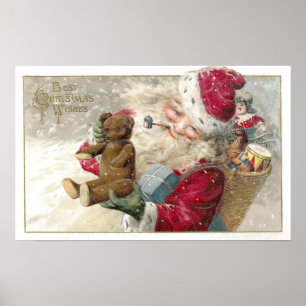 1913 Santa with Teddy Bear and Pipe Poster
