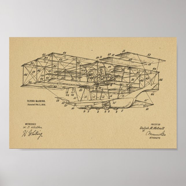 1914 Flying Machine Aeroplane Patent Art Drawing Poster (Front)