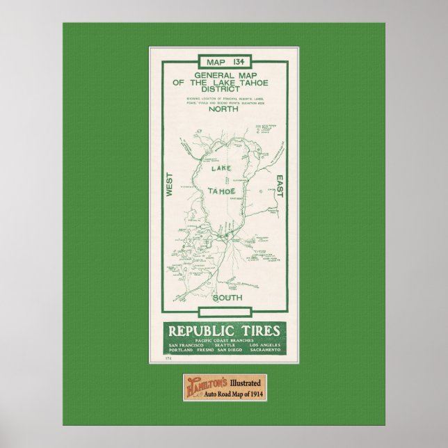 1914 Map of Lake Tahoe Poster (Front)