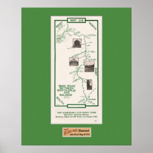 1914 Map, Santa Cruz to Salinas, Green Mat Poster
