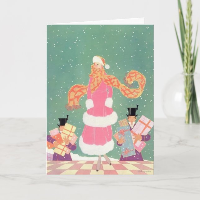 1914 Woman in Pink with Men Carrying Presents Holiday Card (Front)