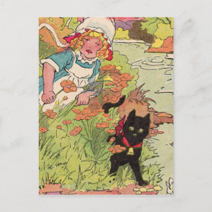 1915 cute little girl and her black cat postcard