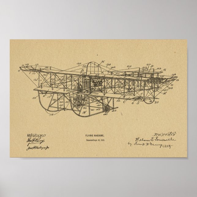 1915 Flying Machine Aeroplane Patent Drawing Print (Front)