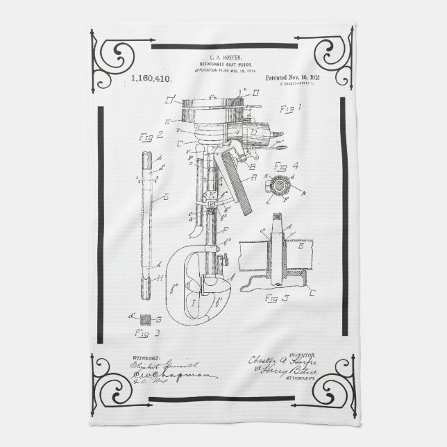 1915 Patent drawing for outboard motor on kitchen Tea Towel (Vertical)