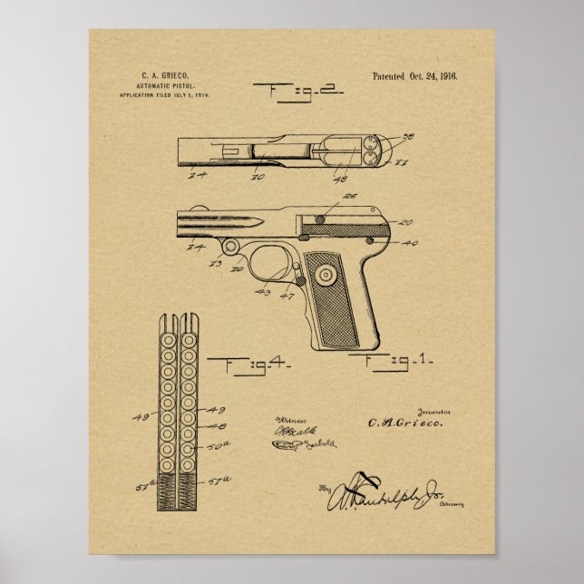 1916 Automatic Gun Patent Art Drawing Print (Front)